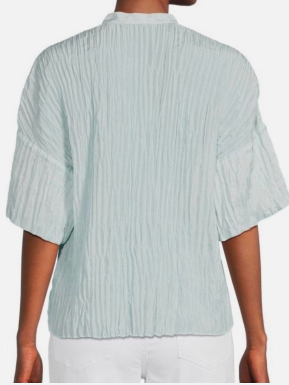 Vince Silk Sky Blue Pleated Split-Neck Textured Blouse - Picture 2 of 10